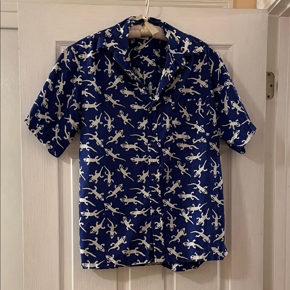 Blue White Button Down Shirt Geckos Florida Tropic Skater Beach